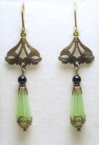 Art Nouveau Art Deco Vintage Style Czech Sea Green Opal Glass Earrings photo