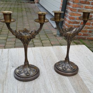 Pair Art Deco Bronze Candlesticks Candelabra Candle Holders Stylised French photo