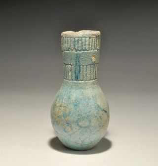 Vintage Egyptian Glazed Piriform Jar With Two Ribbed Bands And Hieroglyphic Text photo