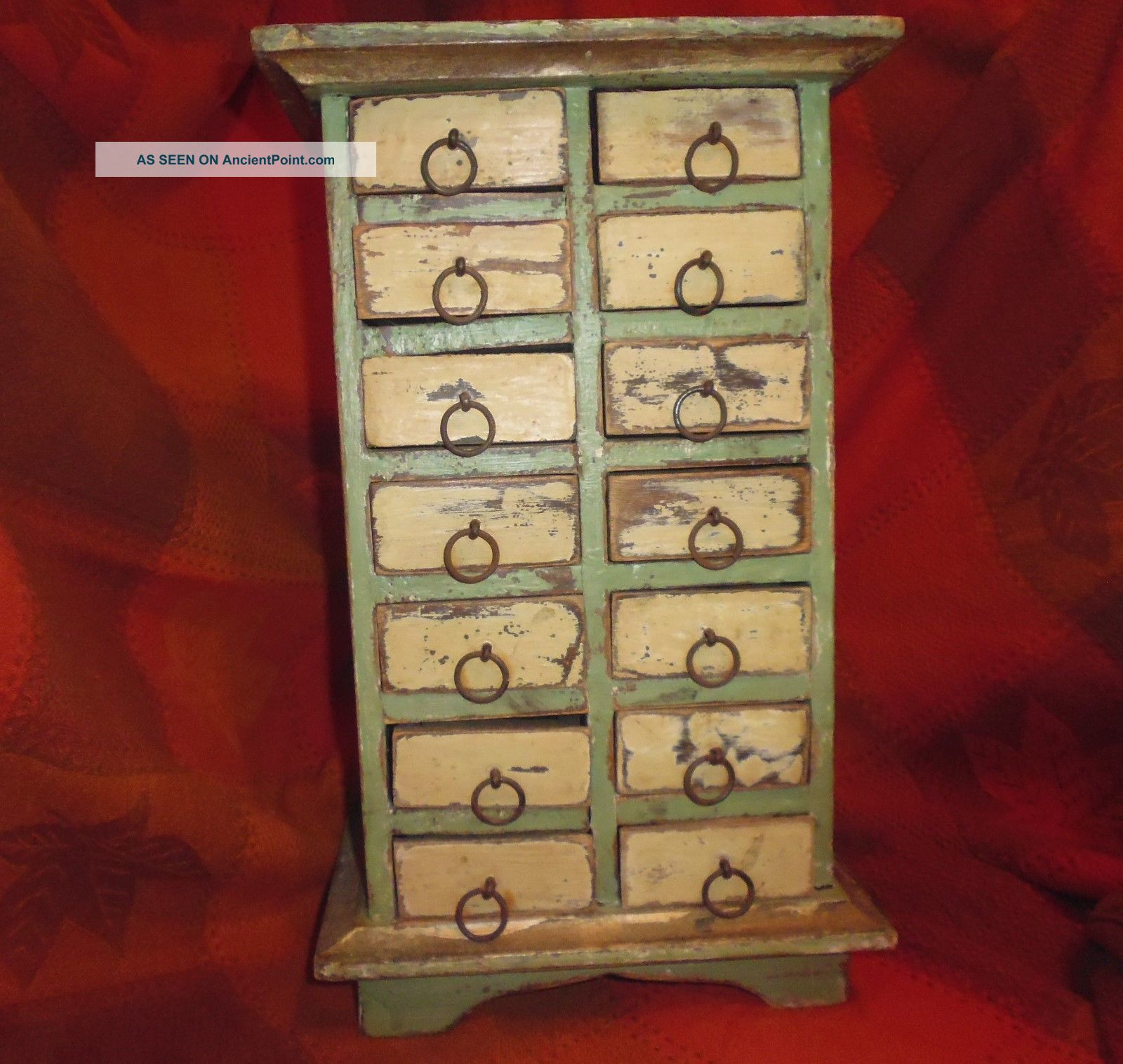 Primitive Antique 14 Drawer Spice Cabinet Painted Green/white Handmade Primitives photo