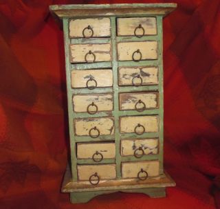 Primitive Antique 14 Drawer Spice Cabinet Painted Green/white Handmade photo