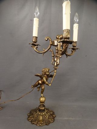 Vintage Victorian Candelabra Style Brass Figural Winged Putti Cherub Parlor Lamp photo