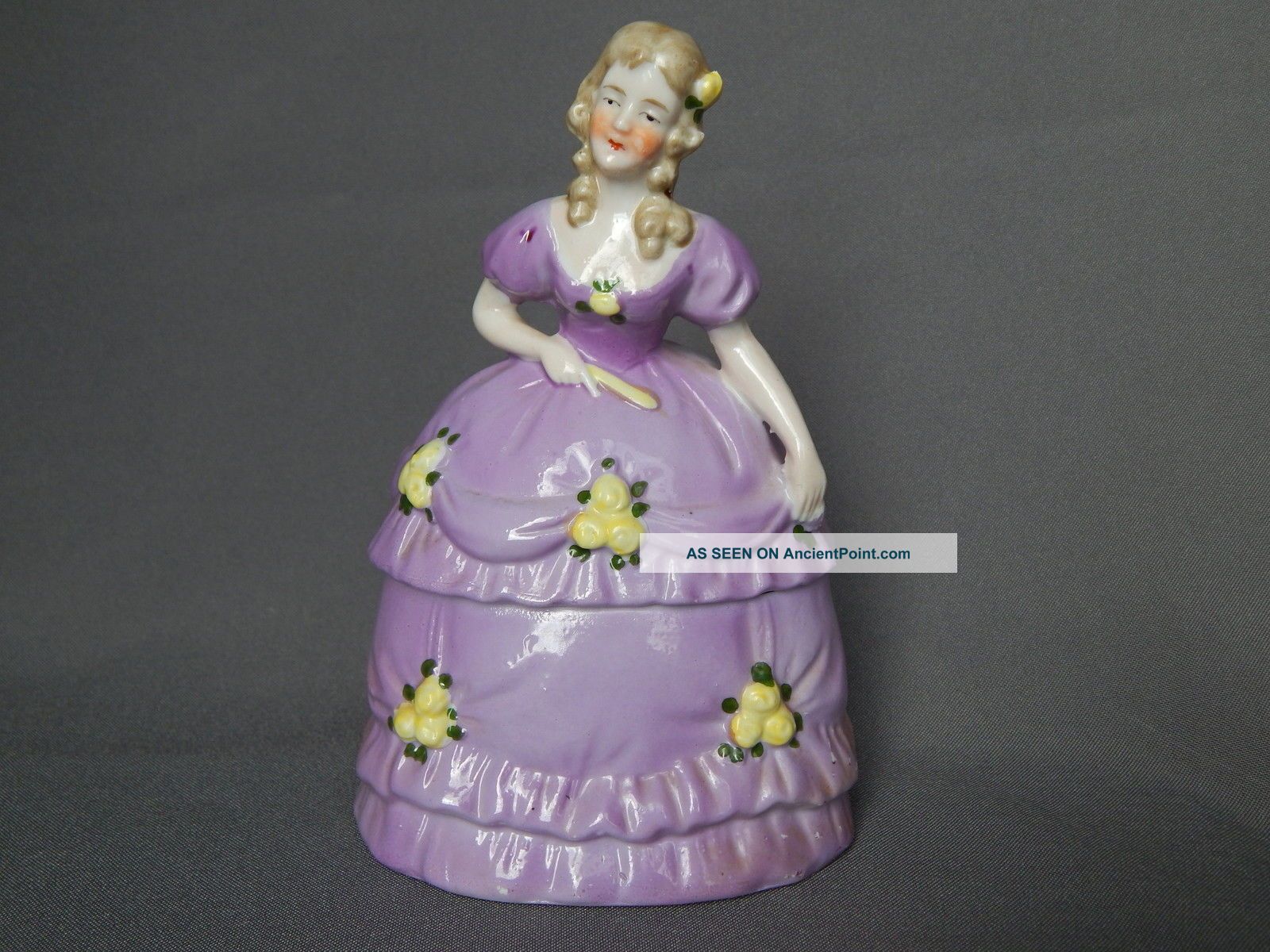 Antique Half Doll Figural German Porcelain Dresser Box Lady In Purple Figurines photo