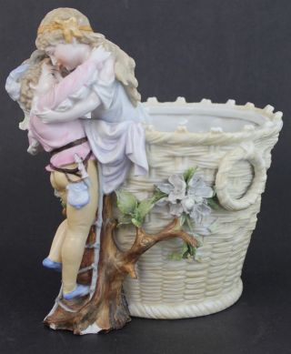 Antique Kpm Hard Paste Porcelain Romantic Scene Figural Children Basket Vase photo