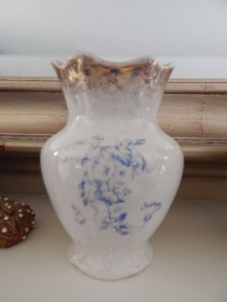 Antique Victorian Toothbrush Holder Blue Floral Transferware Gold Sponge Accents photo