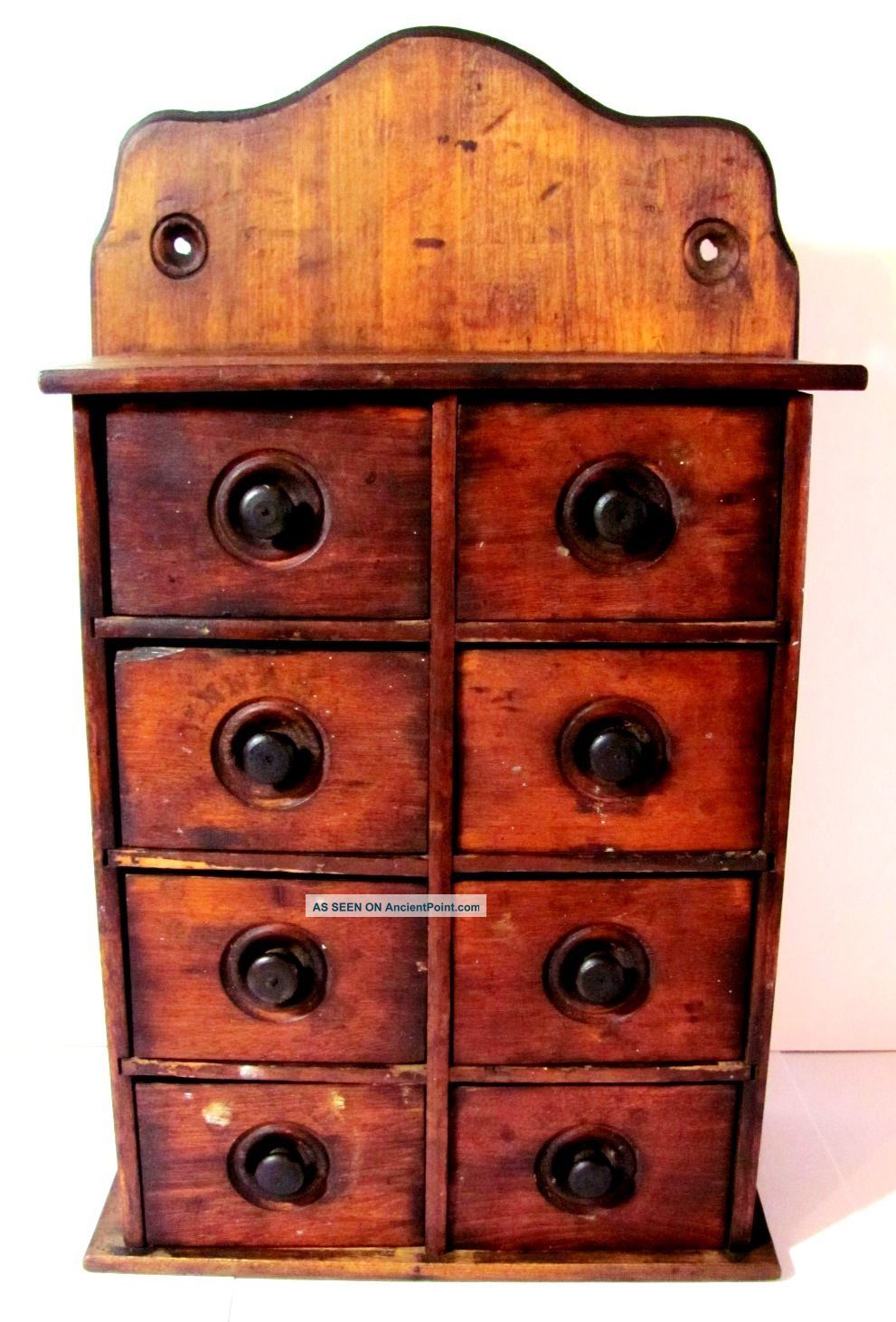 Antique Wood Sitting / Hanging 8 Drawer With Lettering Spice Box Chest Folk Art Primitives photo