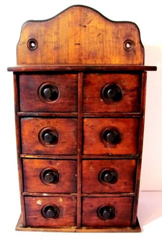 Antique Wood Sitting / Hanging 8 Drawer With Lettering Spice Box Chest Folk Art photo