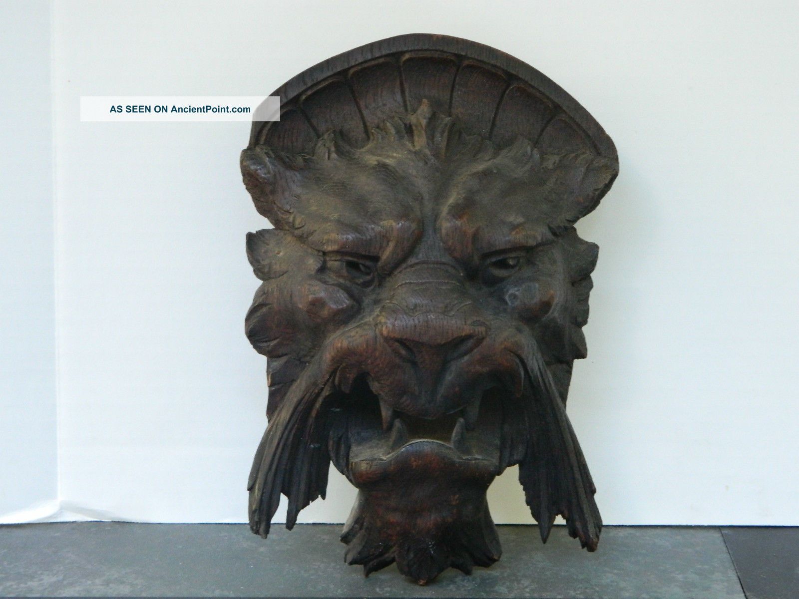Antique Oak Carved Griffin Lion Face Plaque Architectural Figure Carved Figures photo