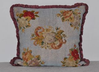 Antique Victorian Wool And Partially Beaded Floral Pillow Silk Backing Down Fill photo
