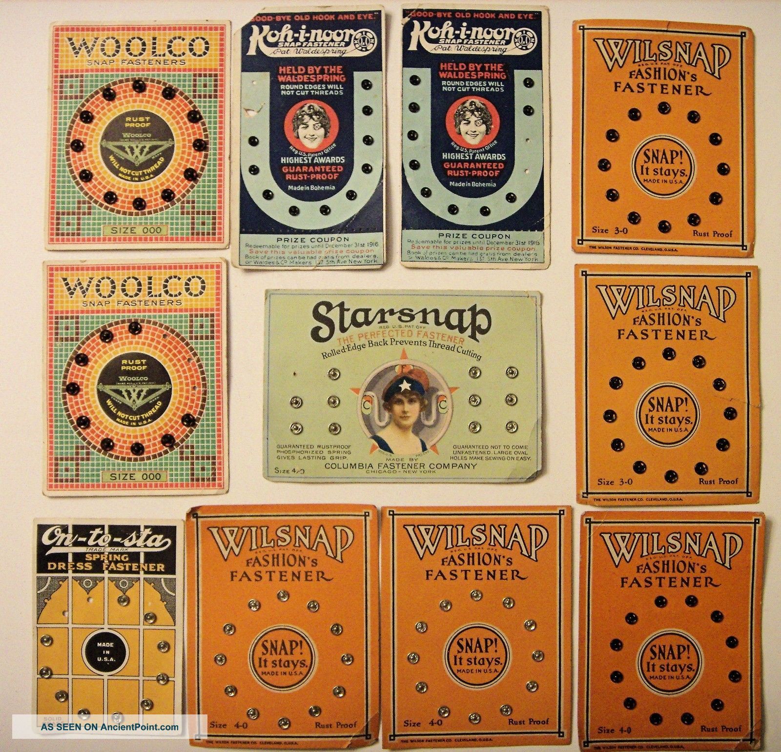 Vnt 1910 - 16 (11) Sewing Notions Snap Fastener Cards - Wilsnap,  Koh - I - Noor,  Starsnap Other Antique Sewing photo