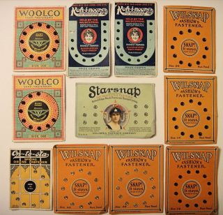 Vnt 1910 - 16 (11) Sewing Notions Snap Fastener Cards - Wilsnap,  Koh - I - Noor,  Starsnap photo