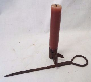 Old Antique Wrought Iron Primitive Sticking Tommy Miner ' S Candlestick Light Lamp photo