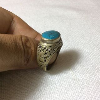Men Islamic Afghan Antique Ring Turquoise Old Vtg Deer Engraved Calligraphy 8 photo