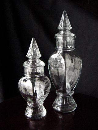 2 Vintage 4 Sided Footed Art Glass Drug Store Apothecary Candy Jars W/spire Lids photo