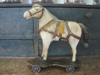 Old Antique Primitive Child ' S Fabric Covered Pull Toy Horse Wheels photo