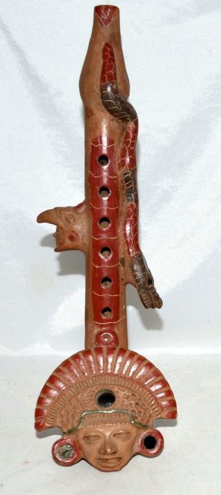 Vtg Mayan Inca Aztec Clay Folk Art Ocarina Flute W/ Crawling Snake & Deity Head photo