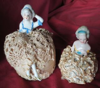 2 Antique Half Doll Pincusions Handpainted Porcelain Busts Lace Silky Skirts photo