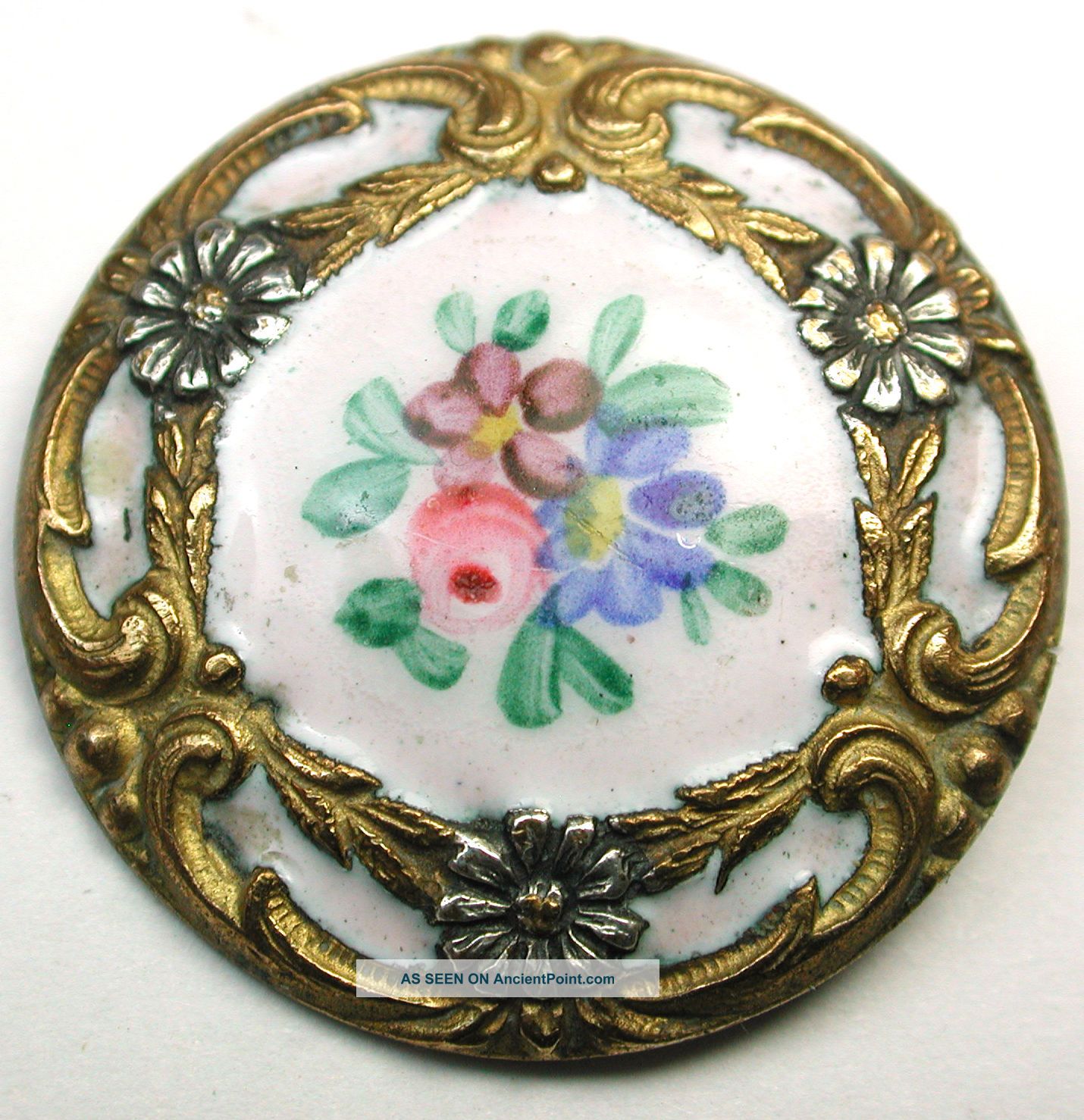 Antique French Enamel Button Paris Back Hand Paint Flowers Silver & Gilt Accents Buttons photo
