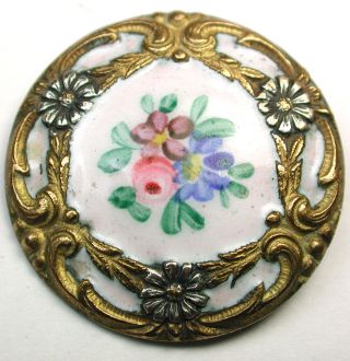 Antique French Enamel Button Paris Back Hand Paint Flowers Silver & Gilt Accents photo