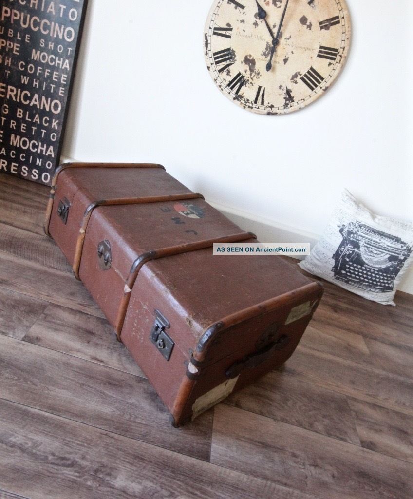 Antique Travel Steamer Trunk Coffee Table Vintage Storage Chest With Tray Ship Equipment photo