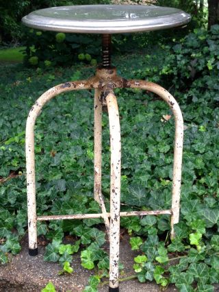 Vintage Medical Adjustable Stool Stainless Steel Seat White Chippy Paint photo
