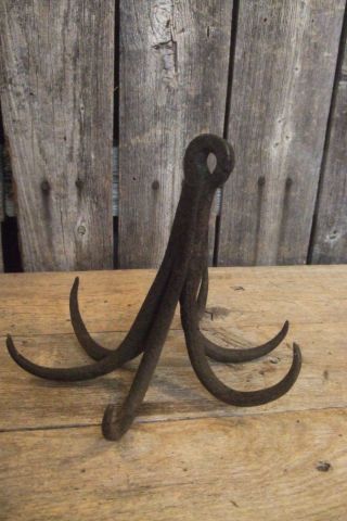 Early Antique Primitive Rare 6 Prong Hand Forged Iron Grappling Hook photo