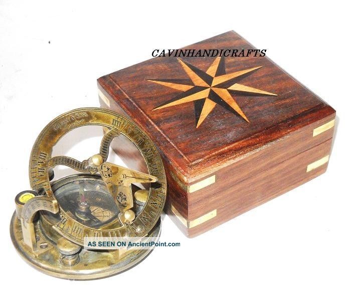 Gilbert Sundial Compass Wooden Box - Pocket Vintage Brass Sundial - Compass Compasses photo