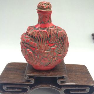 China ' S Rare Red Coral Snuff Bottle Hand - Carved Landscape & Several Old Statue photo