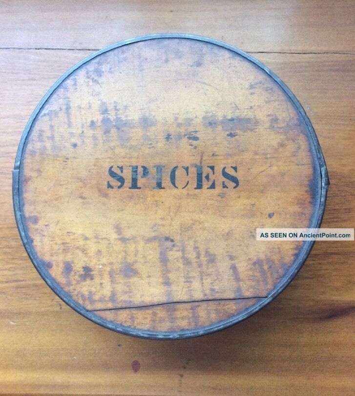 Round Wooden Spice Container With Individual Spice Boxes,  All W/metal Band. Boxes photo