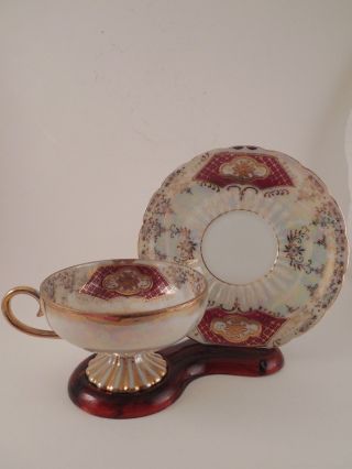 Vintage Royal Sealy Japan Red Victorian Style Cup & Saucer Iridescent Lusterware photo