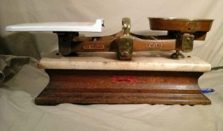 Antique Hunt & Co.  Ltd Merchant Balance Scale Brass,  Granite & Wood Base 10 Lb. photo