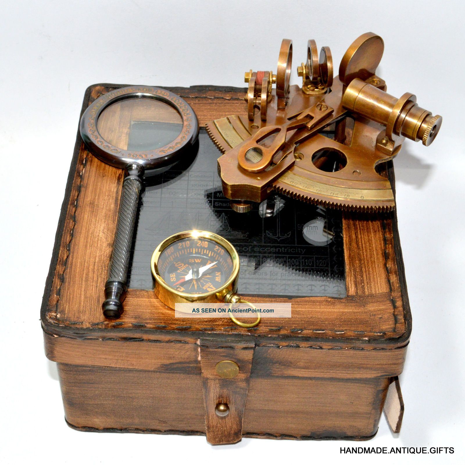Solid Brass Nautical Collectable Sextant Leather Case With Magnifier,  Compass Sextants photo