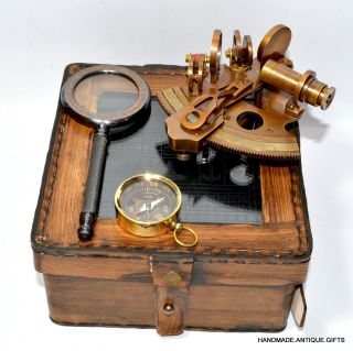 Solid Brass Nautical Collectable Sextant Leather Case With Magnifier,  Compass photo