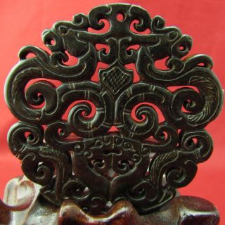 Chinese Black Jade Hand Carved Double Dragon Jade Amulet Pendant B183 photo
