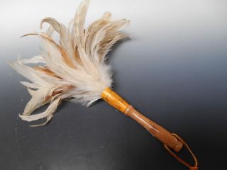 Ostrich Feather Duster Vintage Wood Handle With Rawhide photo