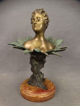 19thc Antique Art Nouveau Bronze Figural Lady In Flower Bust Old Desk Statue photo