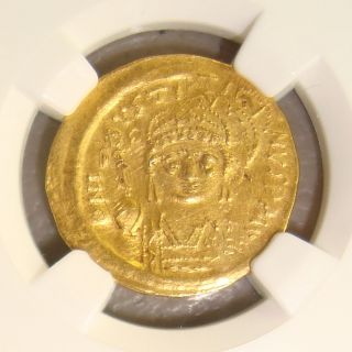 565 - 578 Ad Justin Ii Ancient Byzantine Gold Solidus Ngc State Ms 3/5 2/5 photo
