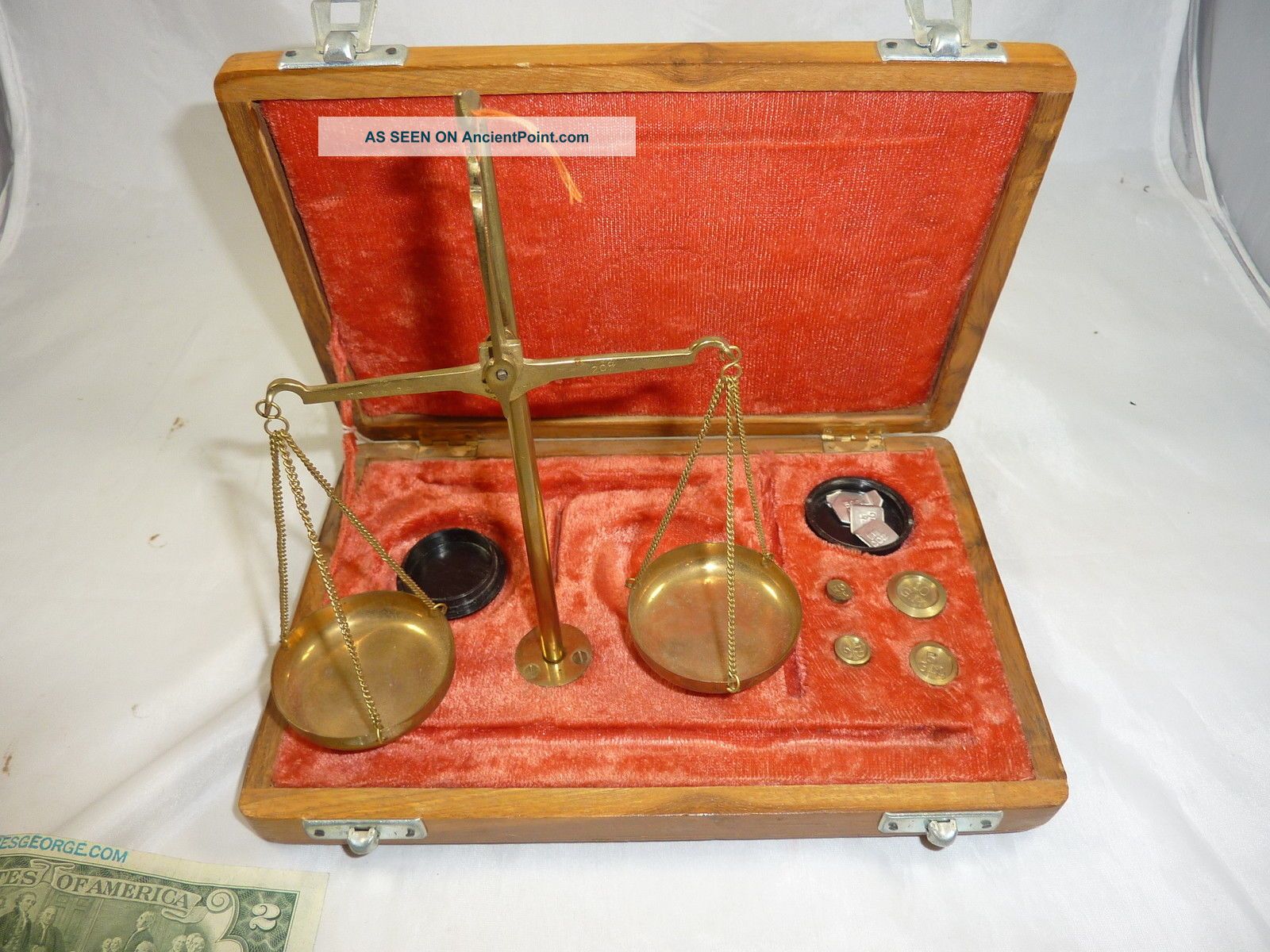 Jewelers Scale Gold Scales In Wood Velvet Box With Brass Weights Scales photo