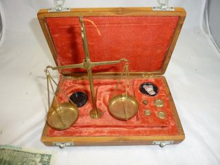 Jewelers Scale Gold Scales In Wood Velvet Box With Brass Weights photo