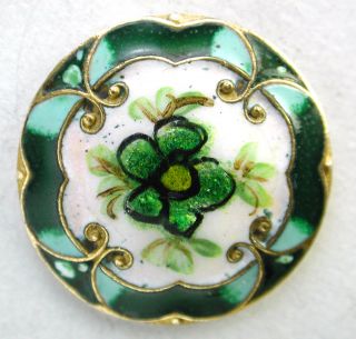 Antique French Enamel Button Hand Painted Green Flower Over Foil - Paris Back photo