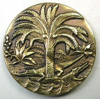 Lg Sz Antique Brass Button 2 Crocodiles Or Alligators & Palm Tree At Waters Edge photo