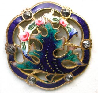 Antique French Enamel Button Pierced Cobalt & Aqua Colors W/ Cut Steel Accents photo