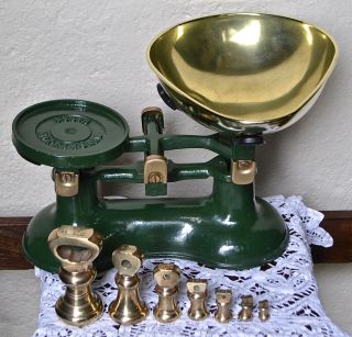 Vintage English Green Boots Kitchen Balance Scales 7 Brass Bell Weights photo