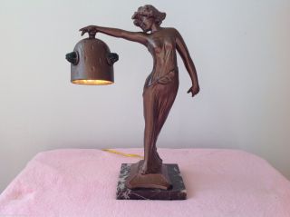 Vintage Art Nouveau French Figural Lamp Spelter Jeweled Shade photo