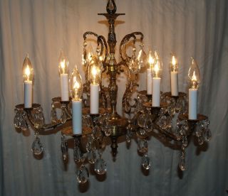 Vintage Solid Ornate Brass & Crystal Prism Chandelier 10 Light Made In Spain photo