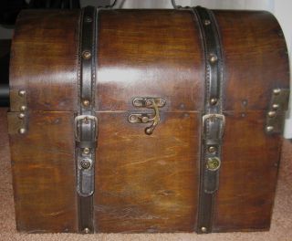 Vintage Handmade Curved Top Wooden Box,  Brass Nail Head Trim/clasp/hinges photo