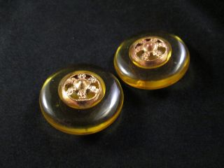 Pair (2) Apple Juice Bakelite Buttons With Metal Escutcheon Dress Or Coat Size photo