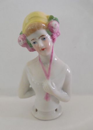 Vtg Antique Germany Porcelain Pin Cushion Blonde Half Doll 3 1/8 
