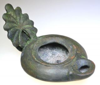 Roman Bronze Oil Lamp Leaf Shaped Handle photo