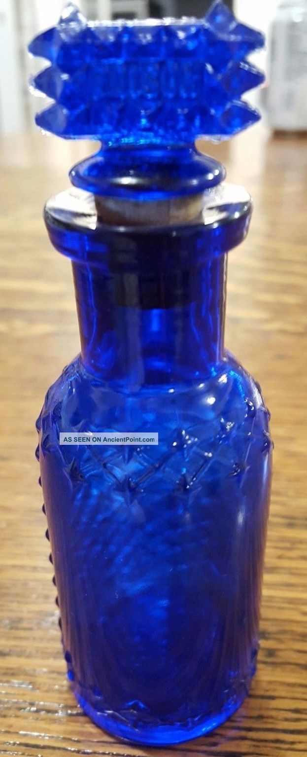 Antique Cobalt Blue Poison Bottle.  Glass Stopper Marked 